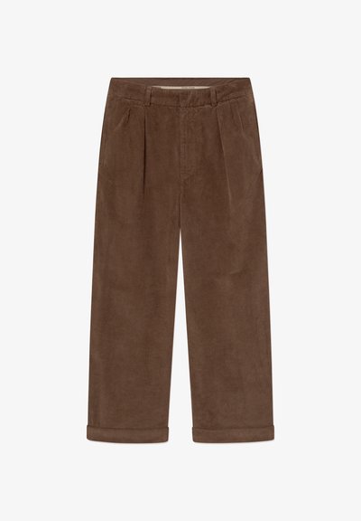 Brown corduroy wide-leg trousers with cuffed hems, front pleats, belt loops, and side pockets.