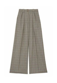 Pantalons évasés dans un motif écossais beige et marron, avec une taille haute, deux plis à l'avant et une fermeture à un bouton.