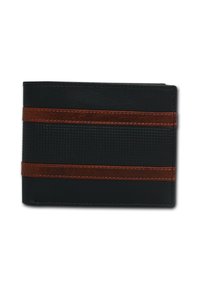 Schwarze Billfold-Geldbörse mit strukturierter Oberfläche, ausgestattet mit zwei horizontalen Streifen aus braunem Leder und Nahtdetails. Glatte Oberfläche, kompaktes Design.