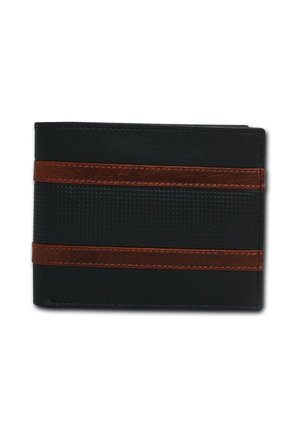Schwarze Billfold-Geldbörse mit strukturierter Oberfläche, ausgestattet mit zwei horizontalen Streifen aus braunem Leder und Nahtdetails. Glatte Oberfläche, kompaktes Design.