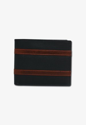 Schwarze Billfold-Geldbörse mit strukturierter Oberfläche, ausgestattet mit zwei horizontalen Streifen aus braunem Leder und Nahtdetails. Glatte Oberfläche, kompaktes Design.