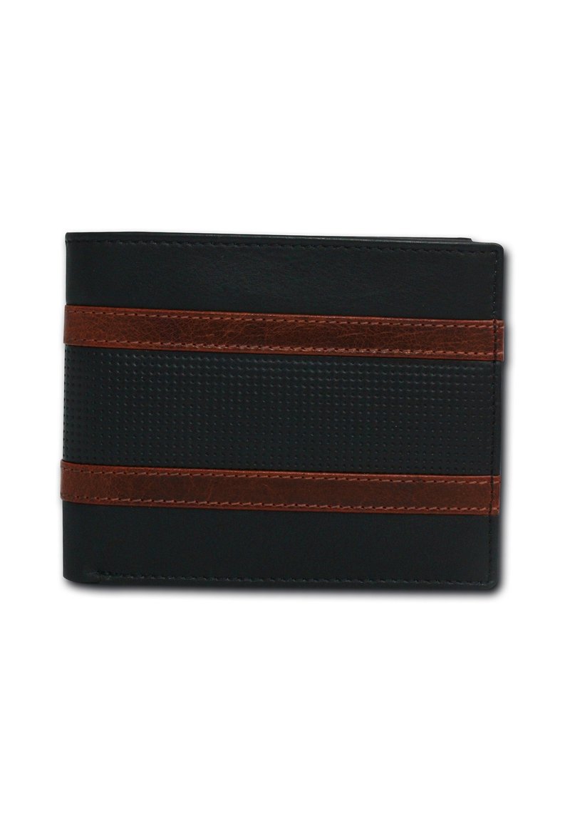 Schwarze Billfold-Geldbörse mit strukturierter Oberfläche, ausgestattet mit zwei horizontalen Streifen aus braunem Leder und Nahtdetails. Glatte Oberfläche, kompaktes Design.