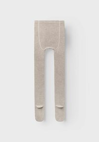 Collant in cotone beige con texture a coste e design con piede. Presenta una punta arrotondata e una vita rifinita con doppia cucitura per maggiore durata.