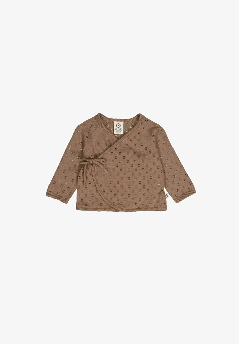Maglione avvolgente in maglia marrone con maniche lunghe, caratterizzato da un motivo texture e una chiusura con nodo in vita.