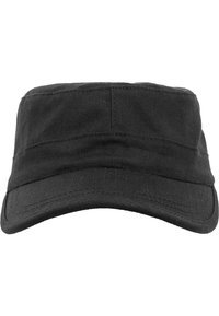 Casquette en tissu noir avec une avant structurée, visière droite et texture subtile, présentant des coutures tonales et sans logos ni embellissements visibles.