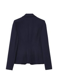 Blazer blu navy dal taglio sartoriale, con colletto a revers, maniche lunghe e dettagli delle cuciture verticali sulla schiena per maggiore struttura.