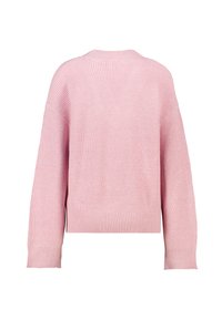 Maglione rosa lavorato a maglia con una texture a coste, maniche ampie e una vestibilità rilassata. Presenta un collo rotondo e un'orlo a coste.