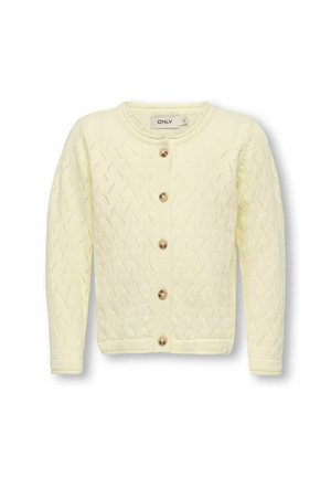 Light yellow knitted cardigan with a round neckline, featuring a textured pattern, five brown buttons, and long sleeves.