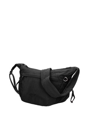 Sac bandoulière noir avec sangle réglable, fermeture éclair et texture subtile à motif quadrillé.