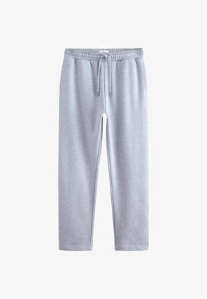 Grå sweatpants lavet af blødt stof, der har en elastisk talje med snore og sidelommer. Lige ben-design uden mønstre.