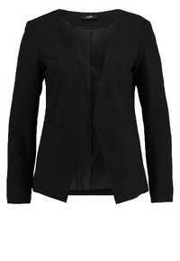 Blazer noir sur mesure pour femmes avec devant ouvert, manches longues et encolure lisse sans col.