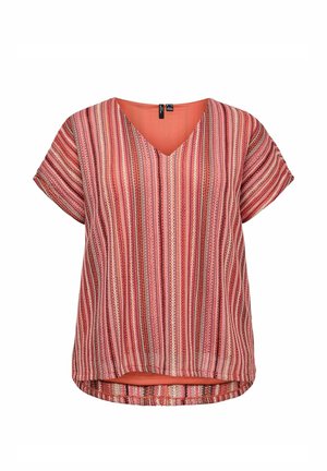 Blusa da donna a maniche corte con righe verticali rosa, rosse e bianche, scollo a V e orlo posteriore leggermente più lungo.
