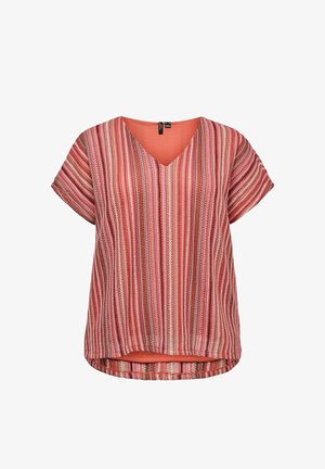Blouse femme à manches courtes avec des rayures verticales rose, rouge et blanc, col en V et ourlet arrière légèrement plus long.