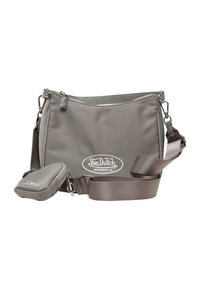 Šedá nylonová crossbody taška s nastaviteľným popruhom, zipsovým uzáverom a logom. Obsahuje malú odnímateľnú tašku s klipom.