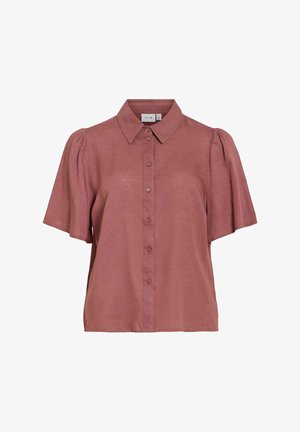 Kortærmet bluse i støvet rosa med knapper foran, spids krave og let puffede skuldre, lavet af letvægtsstof.