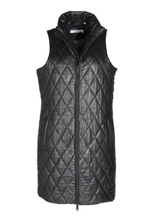 Sort kviltet ærmeløs vest lavet af læder med høj krave, fuld frontlynlås og to sidelommer. Glat tekstur med diamantmønster.