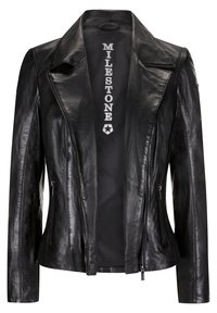 Černá kožená bunda s ostrým límcem, zipem vpředu, dvěma bočními kapsami a hladkým povrchem, přičemž značka je viditelná uvnitř.