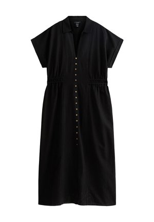 Abito nero con bottoni, maniche corte, vita arricciata e pattina dei bottoni verticale con hardware tondo in tono oro. Tessuto leggero.