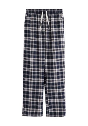 Flannel pyjamasbukser i marineblåt og hvidt tern med elastisk talje og hvid snor.
