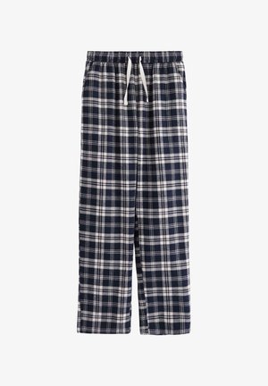 Flannel pyjamasbukser i marineblåt og hvidt tern med elastisk talje og hvid snor.