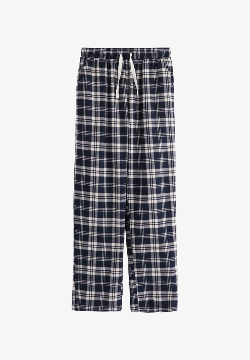 Navy-weiß karierte Flanell-Pyjamahose mit elastischem Bund und weißem Kordelzug.