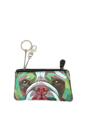 Piccola borsa con zip con design colorato a forma di volto di cane geometrico, anello porta chiavi in metallo e moschettone.