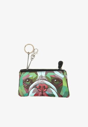 Piccola borsa con zip con design colorato a forma di volto di cane geometrico, anello porta chiavi in metallo e moschettone.