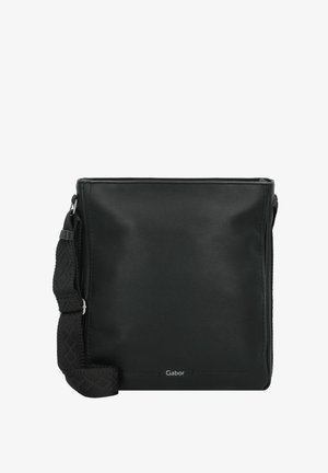 Bolso cruzado de cuero negro con un acabado texturizado, con una correa de hombro trenzada y un sutil logo de Gabor en la parte inferior.