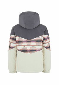 Veste à capuche grise avec un motif géométrique multicolore dans le dos. Tissu crème texturé dans la partie inférieure et poignets élastiques.