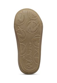 Gumová podrážka v světle hnědé barvě s texturovaným vzorem, který obsahuje kruhové logo a boční štítek s embosovaným nápisem "20".