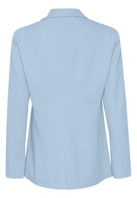 Blazer azzurro chiaro con colletto a risvolto, maniche lunghe, vestibilità sagomata e superficie liscia. Presenta un design sul retro pulito senza decorazioni.