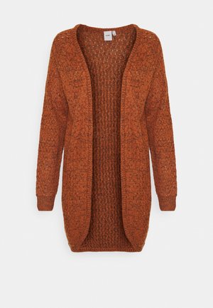 Cardigan long ouvert à l'avant, tricoté, de couleur rouille, avec manches longues et couture texturée.