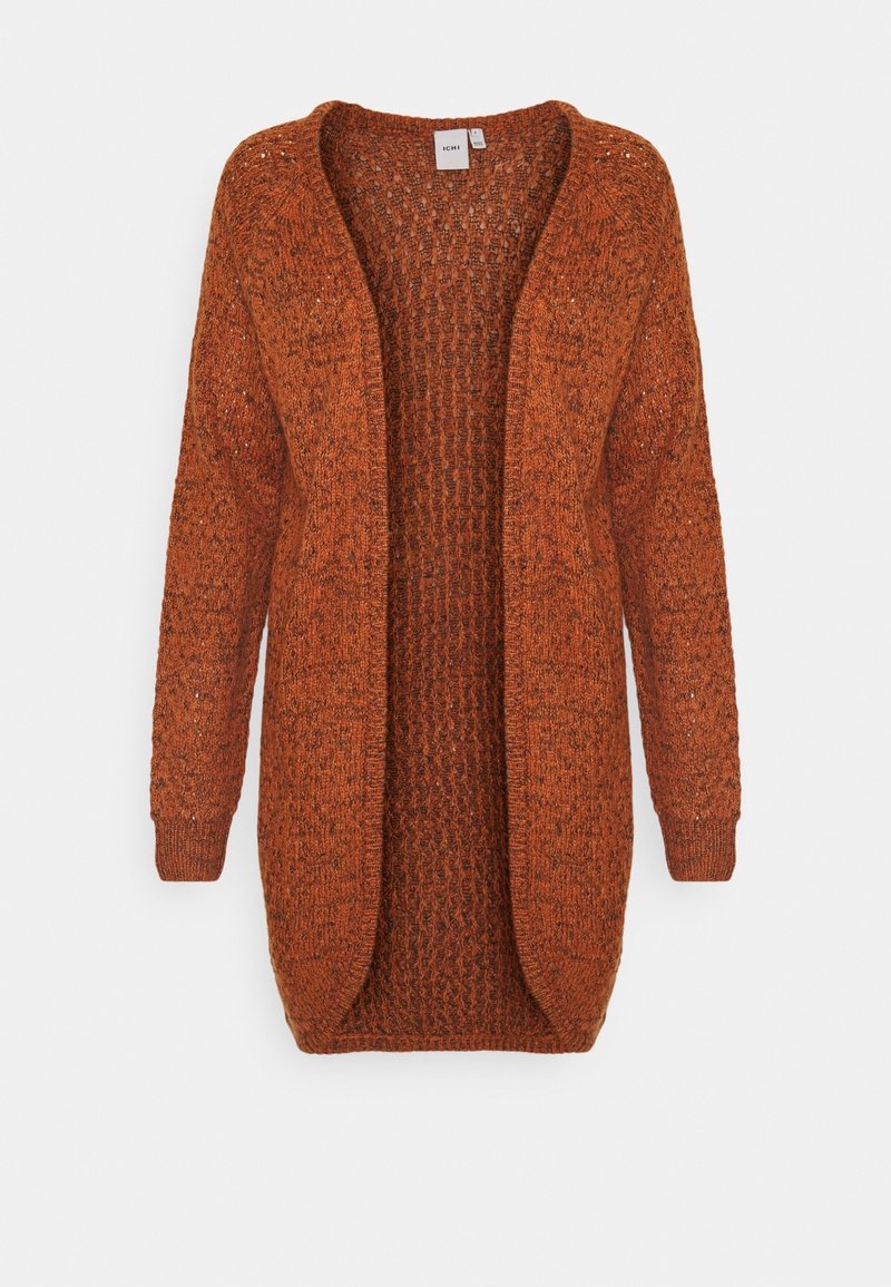 Cardigan long ouvert à l'avant, tricoté, de couleur rouille, avec manches longues et couture texturée.