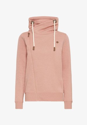 Ružová mikina s kapucňou, ktorá má diagonálne zapínanie na zips a šnúrky. Hladká textura so kontrastnými hnedými akcentmi.