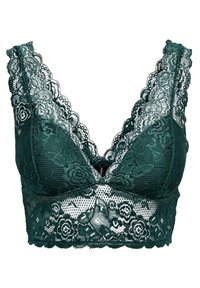 Bralette verde in pizzo con scollatura profonda, spalline larghe in pizzo, bordi ondulati e un motivo floreale in tutta la sua superficie.