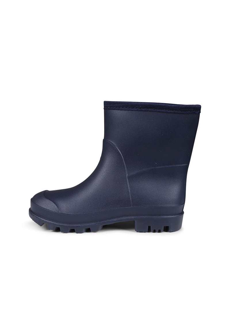 Botte de pluie en caoutchouc bleu marine avec une surface texturée, un bout rond et une semelle robuste. Présente un design à cheville haute et un haut élastique.