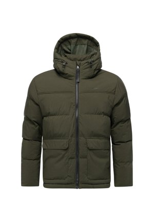 Vihreä pehmustettu takki hupulla, jossa on etuvetoketju, kaksi suurta taskua ja sileä, teksturoitu kangas. Yksinkertainen ja toimiva muotoilu.