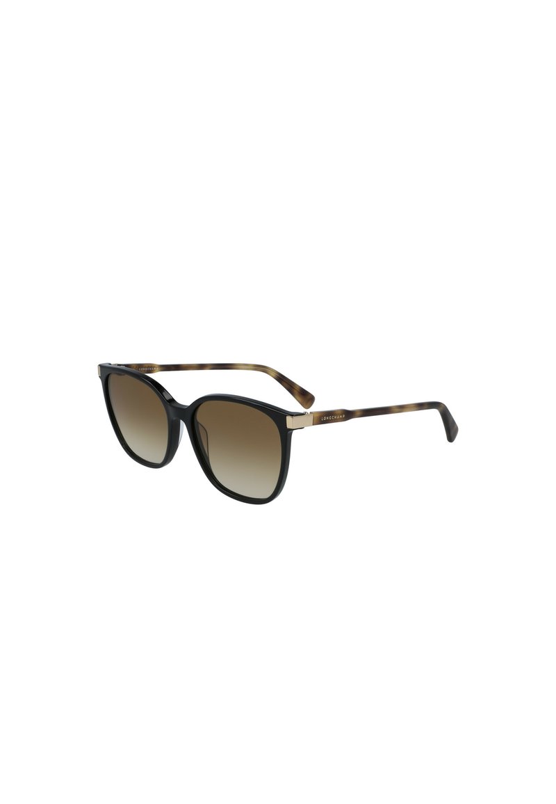 Sonnenbrille mit schwarzen und schildpattfarbenen Acetatrahmen, verlaufenden braunen Gläsern und goldenen Akzenten an den Bügeln. Katzenaugenform.