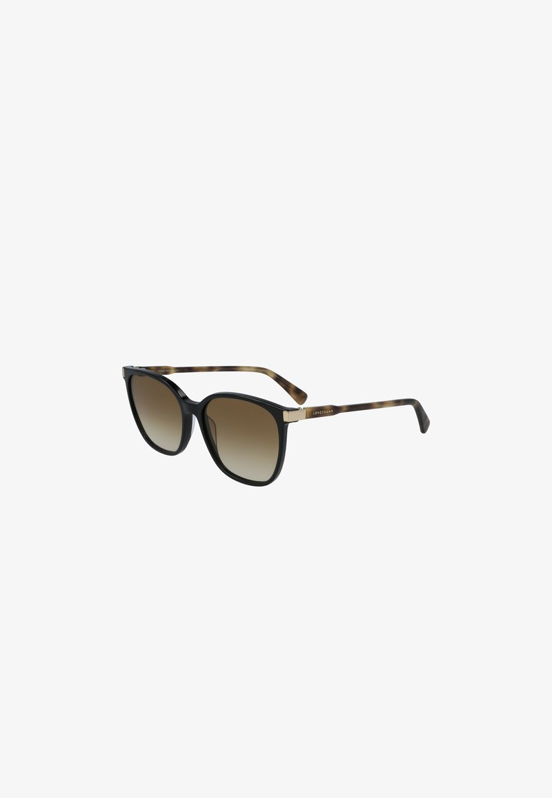 Sonnenbrille mit schwarzen und schildpattfarbenen Acetatrahmen, verlaufenden braunen Gläsern und goldenen Akzenten an den Bügeln. Katzenaugenform.