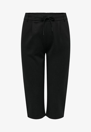 Črne skrajšane hlače iz gladkega materiala. Imajo pas z vrvico, sprednje gube in ožje hlačnice, kar povečuje udobje in prileganje.