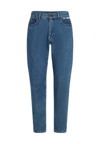 Modré džíny z denimu s vysokým pásom a rovnými nohavicami. Medzi vlastnosti patrí klasický dizajn s piatimi vreckami, pútka na opasok a označenie značky na páse.