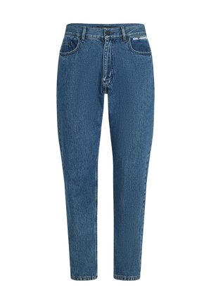 Blauwe denim jeans met een hoge taille en rechte pijpen. Kenmerken zijn onder andere het klassieke vijf-pocket ontwerp, riemlussen en een merkembleem op de tailleband.