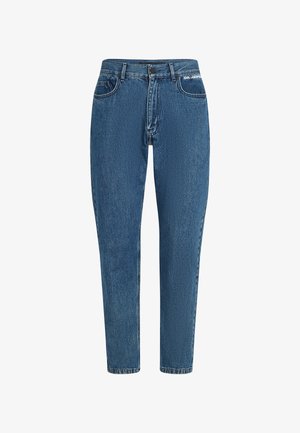 Modré džíny z denimu s vysokým pásom a rovnými nohavicami. Medzi vlastnosti patrí klasický dizajn s piatimi vreckami, pútka na opasok a označenie značky na páse.