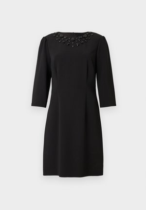 Schwarzes Kleid mit dreiviertel Ärmeln, Juwelen-Ausschnitt verziert mit schwarzen Perlen, taillierte Passform, knielang, aus glattem Stoff gefertigt.