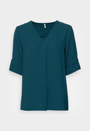 Camicia da donna turchese con scollo a V, maniche a tre quarti risvoltate con bottoni, vestibilità ampia, design semplice.