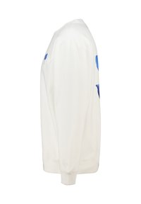 Witte sweatshirt met blauwe bloemenprint op de mouwen, geribbelde boorden en onderkant, zachte textuur en een klassieke ronde hals.