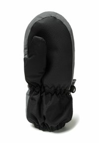 Mitaine grise et noire avec une surface texturée, un poignet élastique et un design comportant une section de pouce séparée. Fabriquée en matériau isolant.