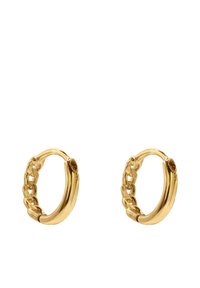 Boucles d'oreilles en or en forme de créoles avec un design en maillons, une forme lisse et arrondie, et une finition polie. Détail de fermeture ouverte simple.