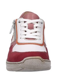 White and red sneaker with a suede texture, featuring a zip on the side, lace-up front, and orange accents along the edges.