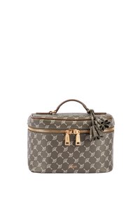 Borsa cosmetica grigia con un motivo ripetuto bianco, hardware della cerniera dorato e manico superiore. Presenta dettagli con nappine e una forma strutturata.